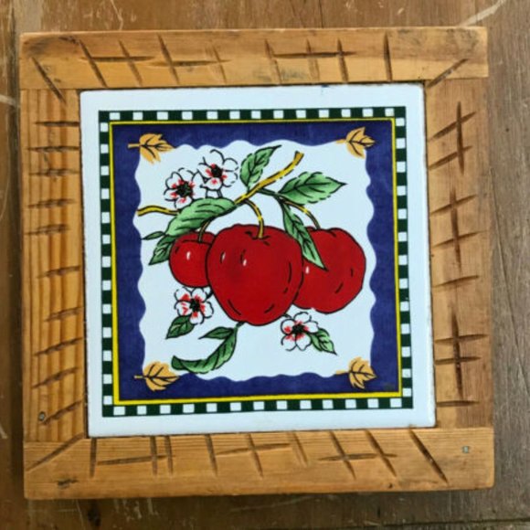 Rustic Apple Blossom Ceramic Tile Trivet Pot Holder with Wood Base - Picture 1 of 4